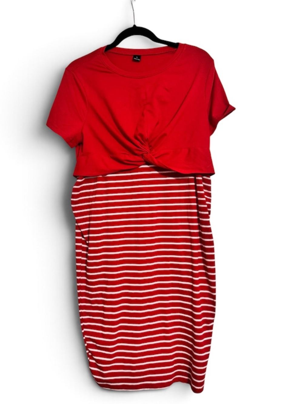 SHEIN Red Twist-Front Midi Maternity Dress with White Stripes